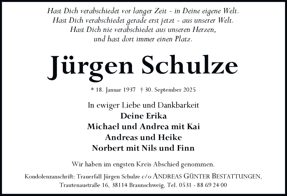  Traueranzeige für Jürgen Schulze vom 18.10.2025 aus Braunschweiger Zeitung