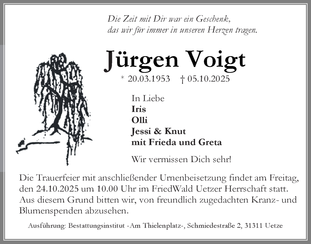  Traueranzeige für Jürgen Voigt vom 11.10.2025 aus Braunschweiger Zeitung