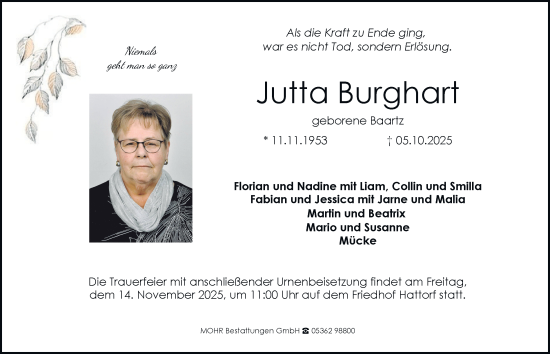 Traueranzeige von Jutta Burghart von Braunschweiger Zeitung, Wolfsburger Nachrichten