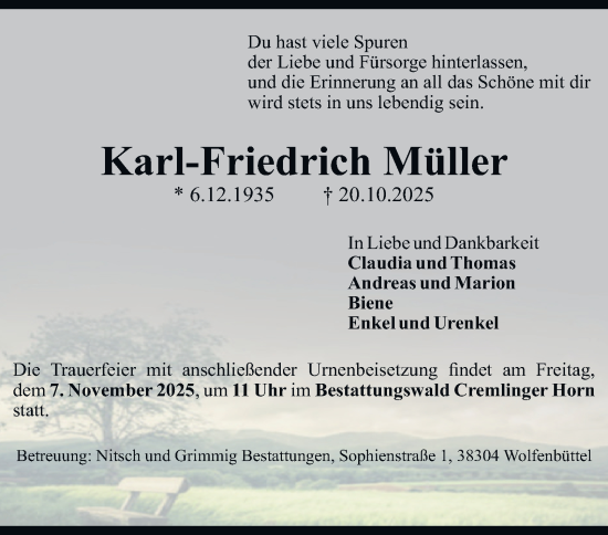 Traueranzeige von Karl-Friedrich Müller von Wolfenbütteler Zeitung