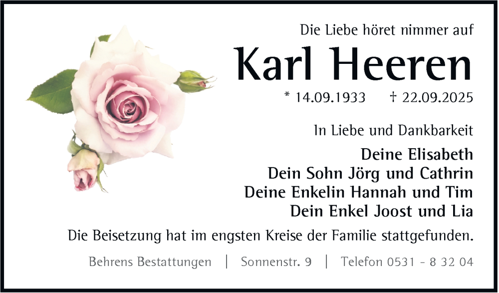  Traueranzeige für Karl Heeren vom 18.10.2025 aus Braunschweiger Zeitung