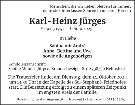 Traueranzeige von Karl-Heinz Jürges von Braunschweiger Zeitung