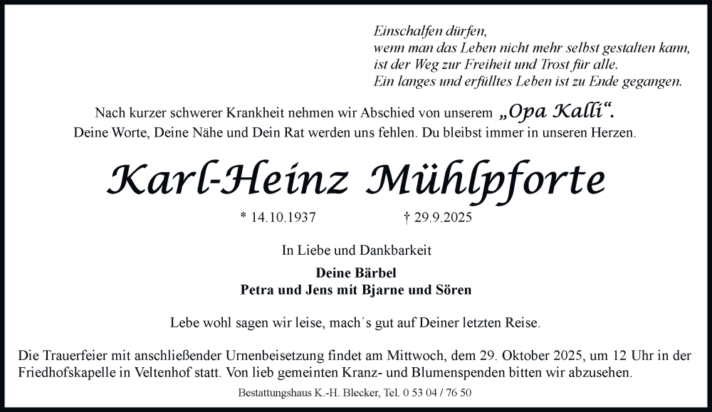 Traueranzeige für Karl-Heinz Mühlpforte vom 04.10.2025 aus Braunschweiger Zeitung