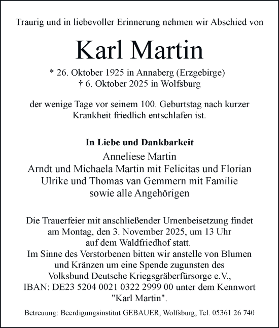Traueranzeige von Karl Martin von Braunschweiger Zeitung, Wolfsburger Nachrichten