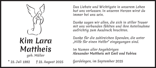 Traueranzeige von Kim Lara Mattheis von Braunschweiger Zeitung, Wolfsburger Nachrichten