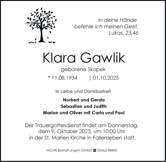 Traueranzeige von Klara Gawlik von Braunschweiger Zeitung, Wolfsburger Nachrichten