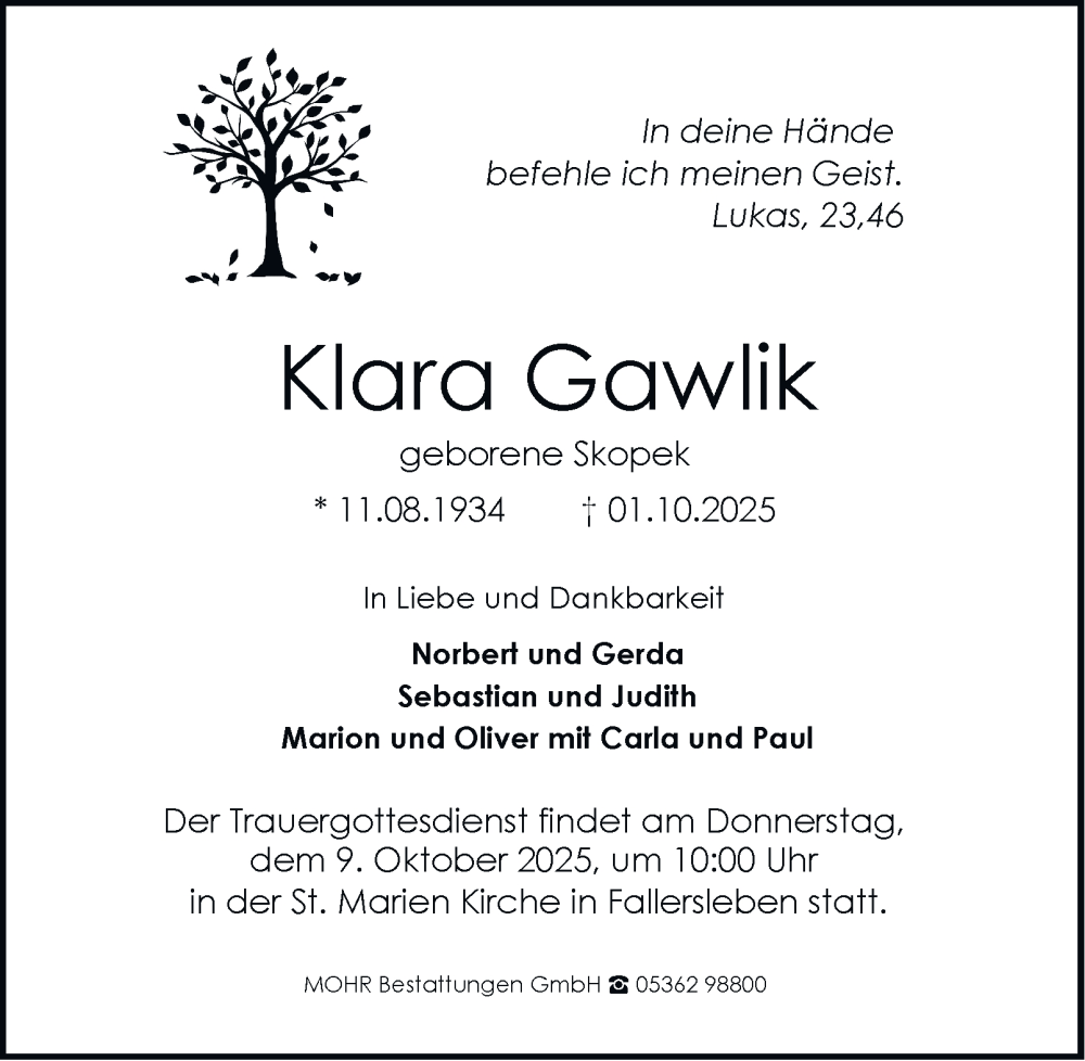  Traueranzeige für Klara Gawlik vom 04.10.2025 aus Braunschweiger Zeitung, Wolfsburger Nachrichten
