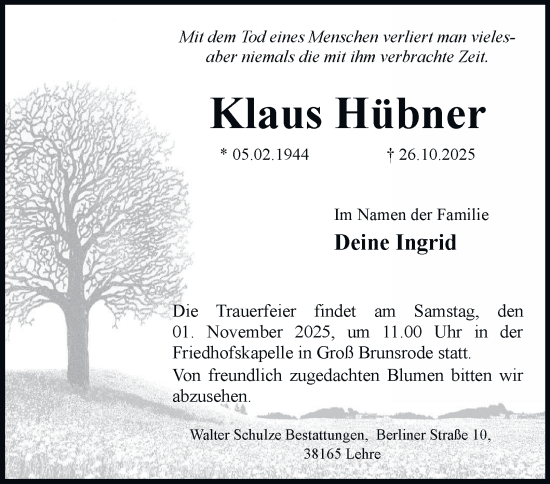 Traueranzeige von Klaus Hübner von Helmstedter Nachrichten