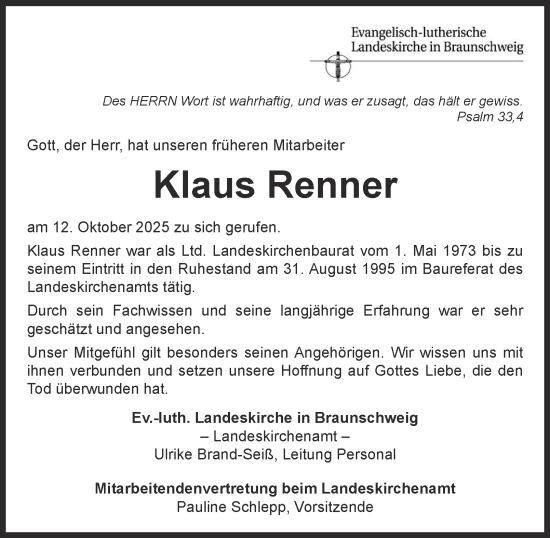 Traueranzeige von Klaus Renner von Wolfenbütteler Zeitung