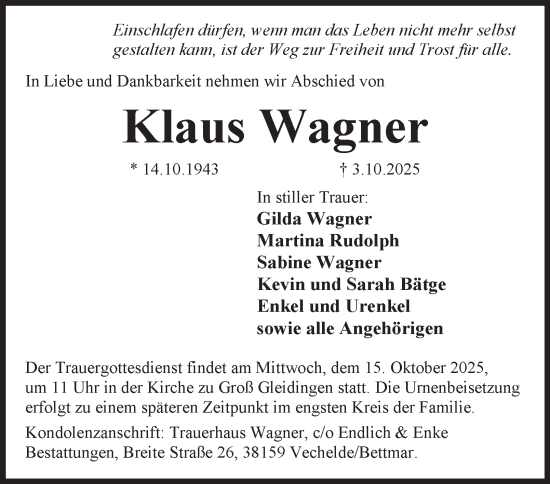 Traueranzeige von Klaus Wagner von Braunschweiger Zeitung