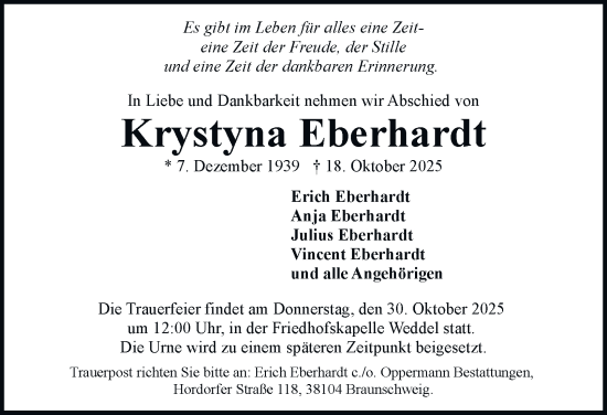 Traueranzeige von Krystyna Eberhardt von Braunschweiger Zeitung