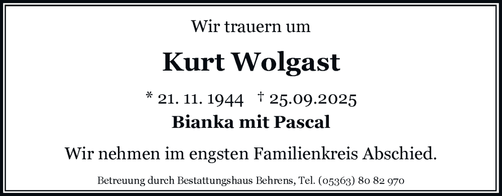 Traueranzeige für Kurt Wolgast vom 18.10.2025 aus Braunschweiger Zeitung, Wolfsburger Nachrichten