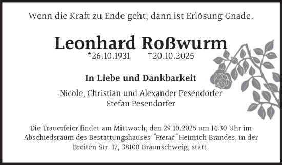 Traueranzeige von Leonhard Roßwurm von Braunschweiger Zeitung
