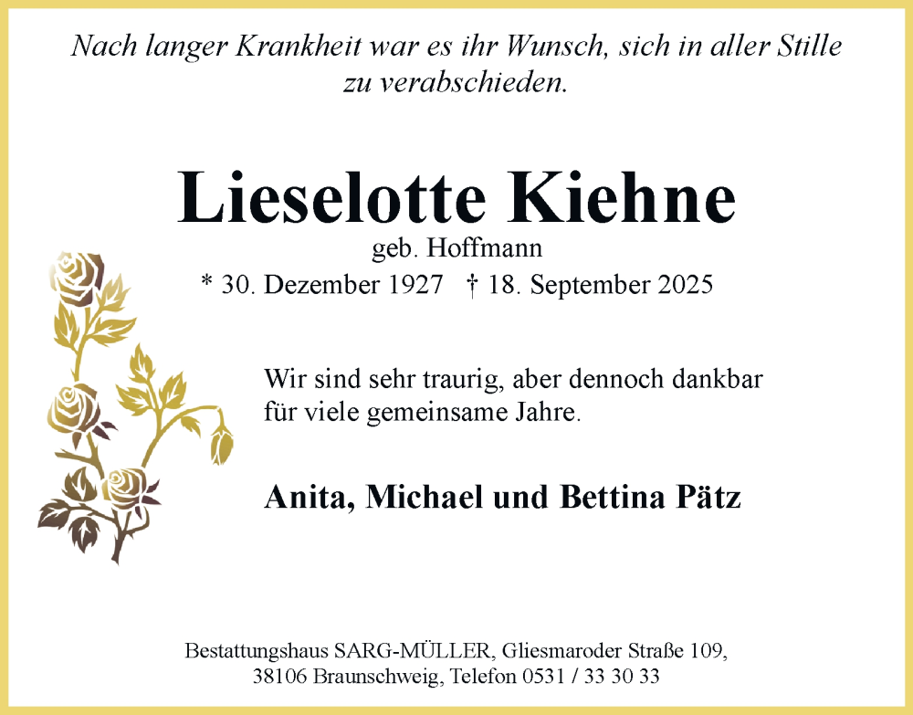  Traueranzeige für Lieselotte Kiehne vom 11.10.2025 aus Braunschweiger Zeitung