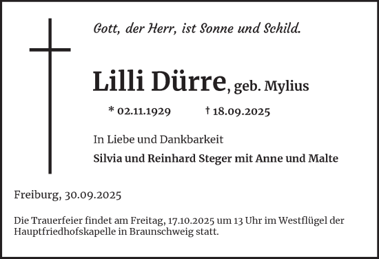 Traueranzeige von Lilli Dürre von Braunschweiger Zeitung