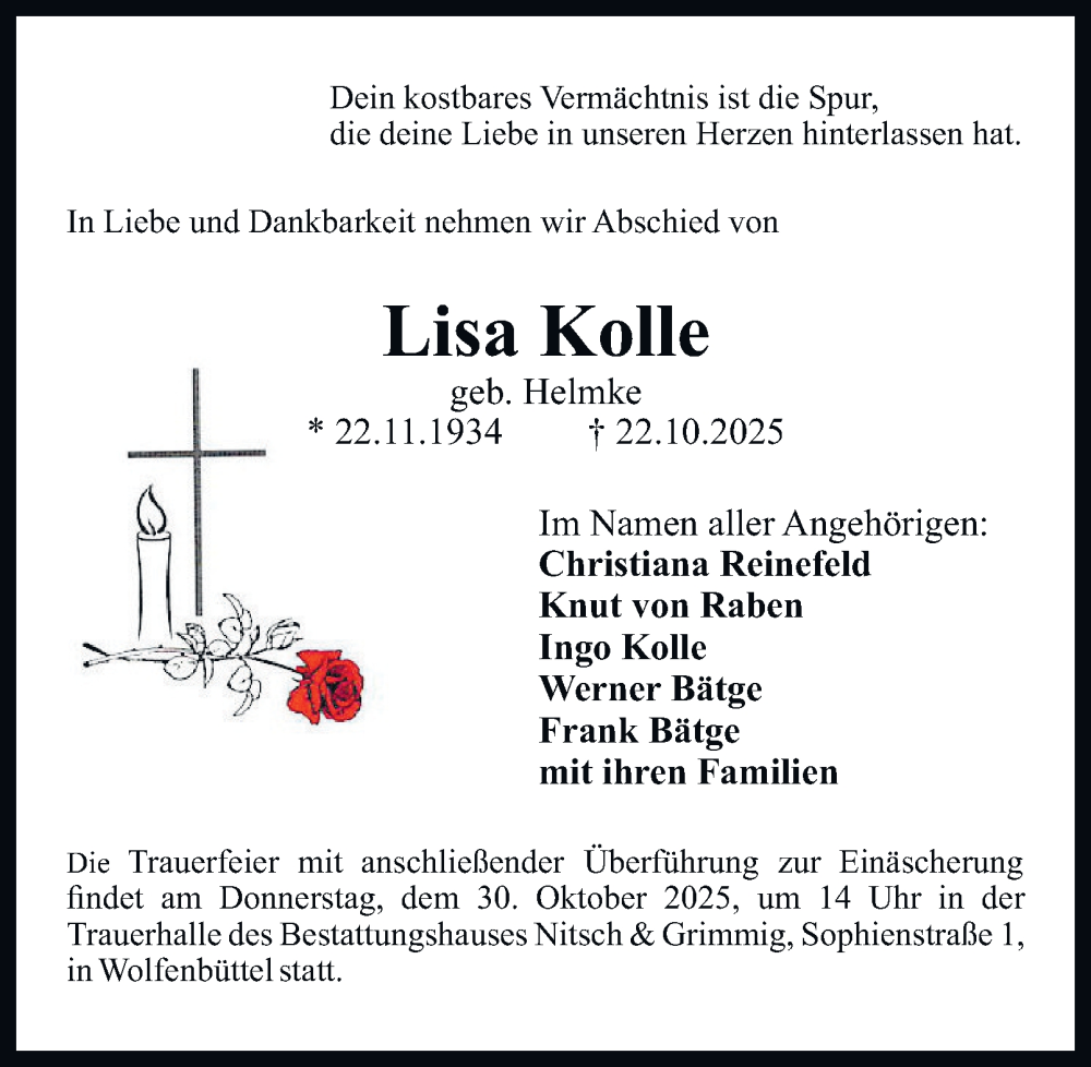  Traueranzeige für Lisa Kolle vom 25.10.2025 aus Wolfenbütteler Zeitung