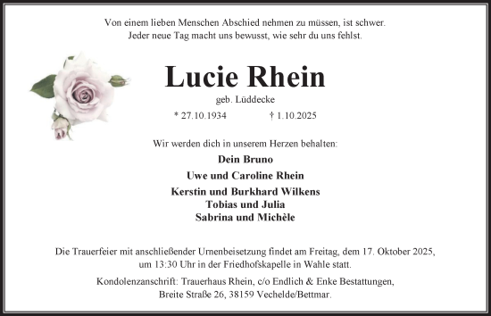 Traueranzeige von Lucie Rhein von Peiner Nachrichten