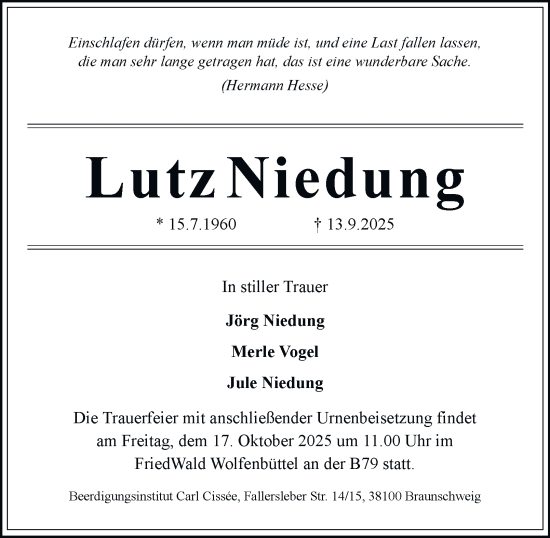 Traueranzeige von Lutz Niedung von Braunschweiger Zeitung