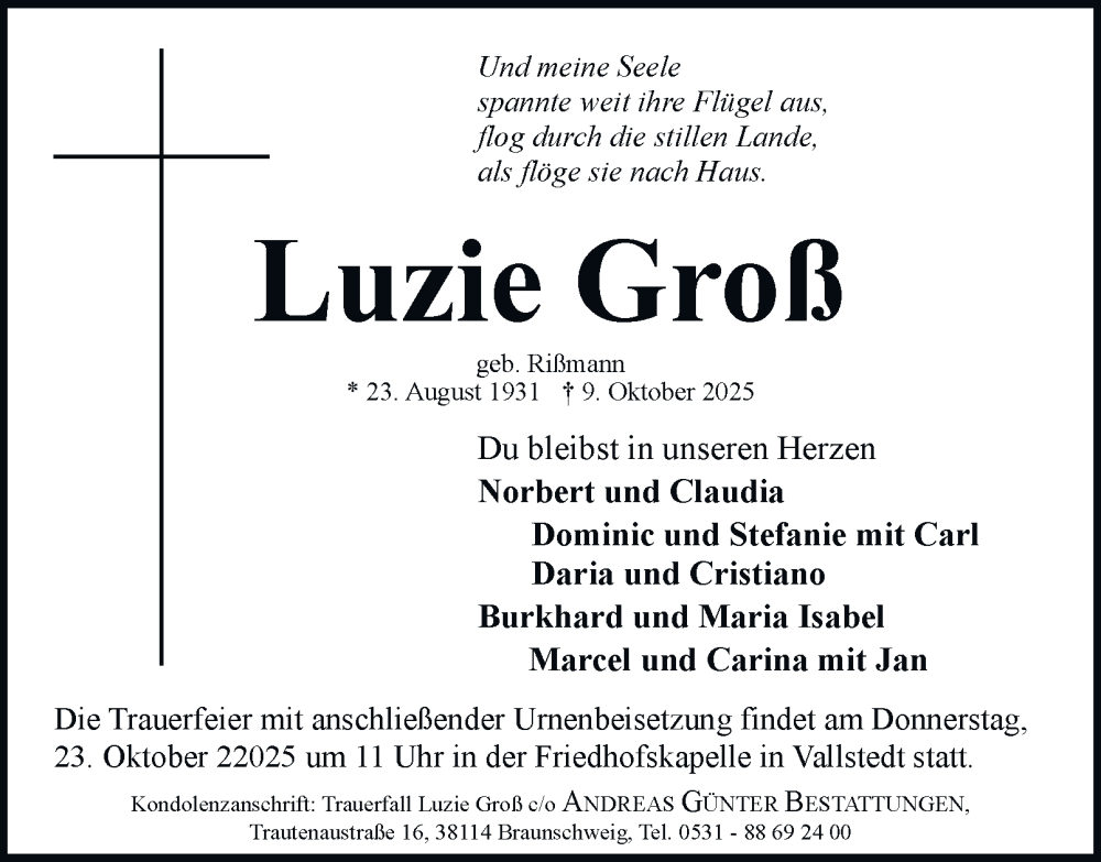  Traueranzeige für Luzie Groß vom 18.10.2025 aus Peiner Nachrichten
