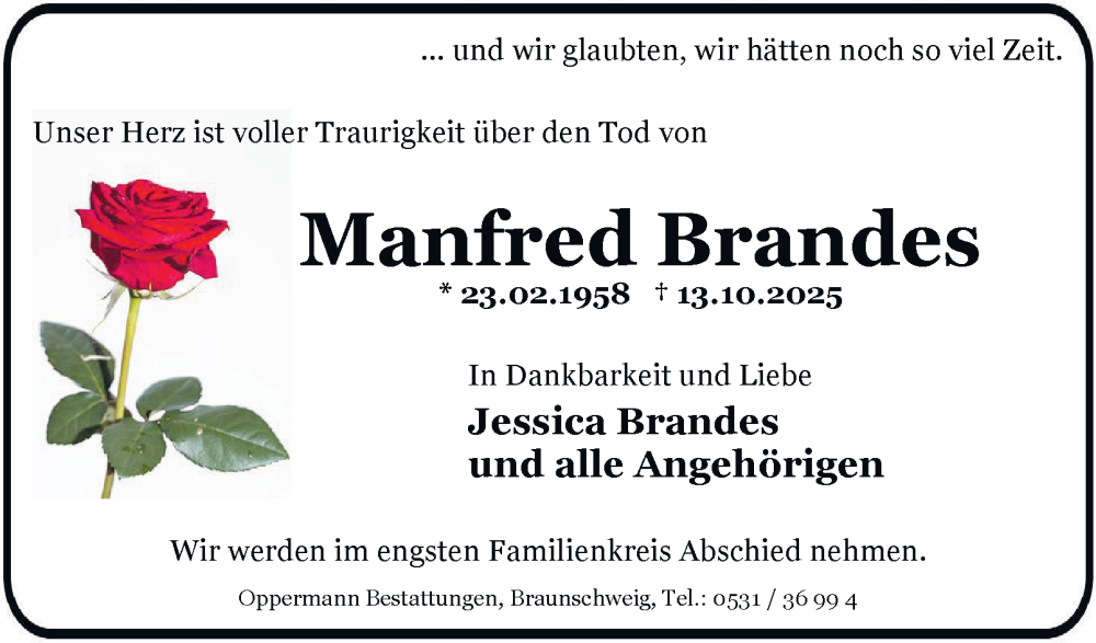  Traueranzeige für Manfred Brandes vom 18.10.2025 aus Braunschweiger Zeitung