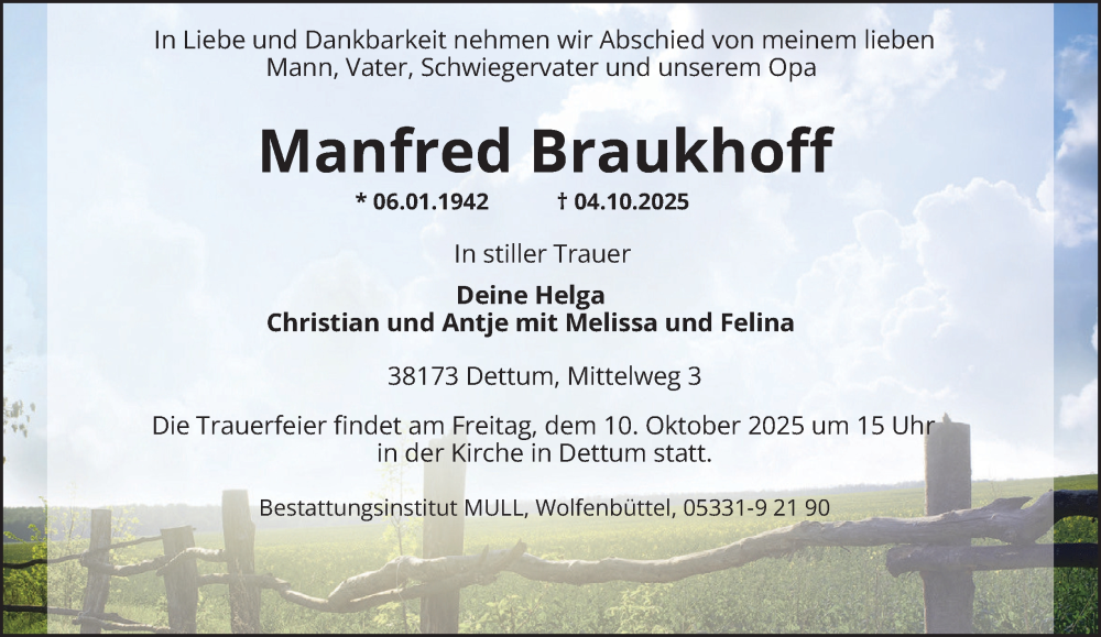  Traueranzeige für Manfred Braukhoff vom 08.10.2025 aus Wolfenbütteler Zeitung