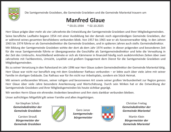 Traueranzeige von Manfred Glaue von Helmstedter Nachrichten