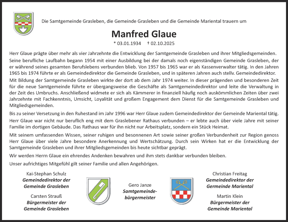  Traueranzeige für Manfred Glaue vom 18.10.2025 aus Helmstedter Nachrichten