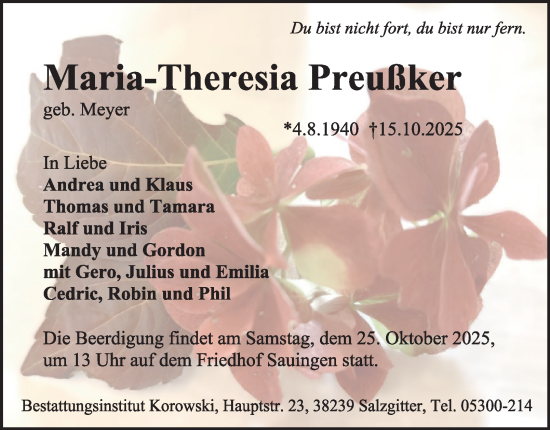 Traueranzeige von Maria-Theresia Preußker von Salzgitter-Zeitung