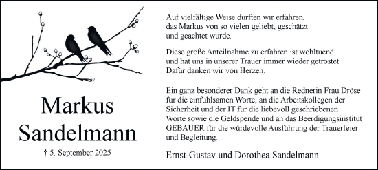 Traueranzeige von Markus Sandelmann von Braunschweiger Zeitung, Wolfsburger Nachrichten