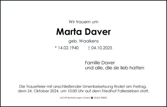 Traueranzeige von Marta Daver von Braunschweiger Zeitung, Wolfsburger Nachrichten