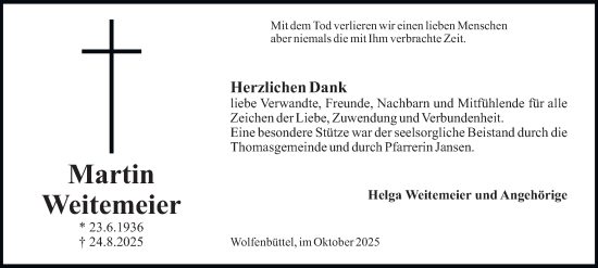 Traueranzeige von Martin Weitemeier von Wolfenbütteler Zeitung
