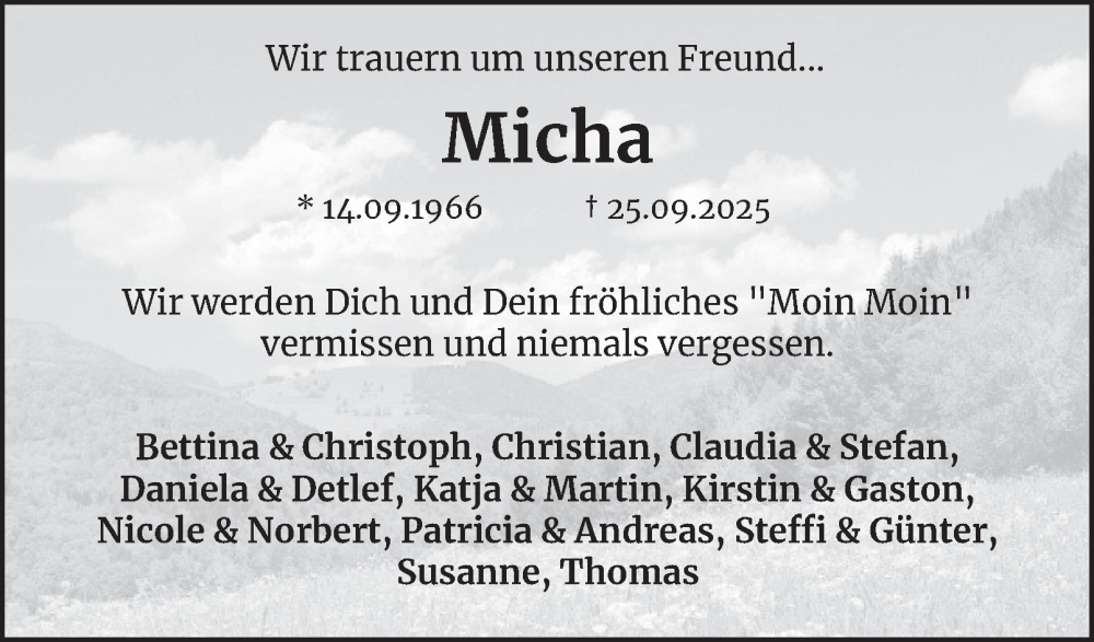  Traueranzeige für Micha  vom 11.10.2025 aus Braunschweiger Zeitung
