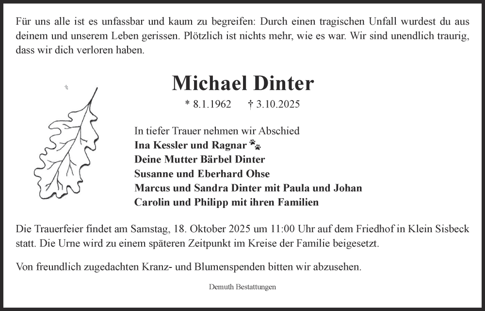  Traueranzeige für Michael Dinter vom 14.10.2025 aus Helmstedter Nachrichten