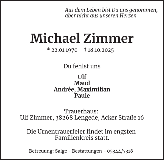 Traueranzeige von Michael Zimmer von Braunschweiger Zeitung