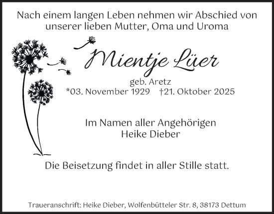 Traueranzeige von Mientje Lüer von Wolfenbütteler Zeitung