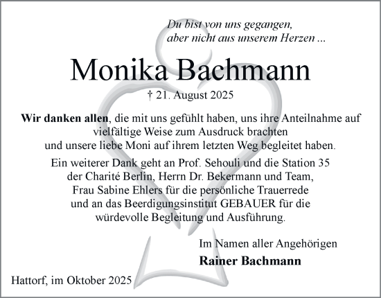 Traueranzeige von Monika Bachmann von Braunschweiger Zeitung, Wolfsburger Nachrichten