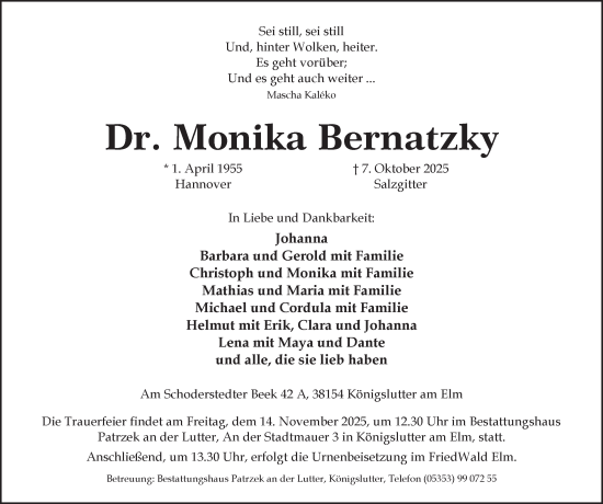 Traueranzeige von Monika Bernatzky von Helmstedter Nachrichten