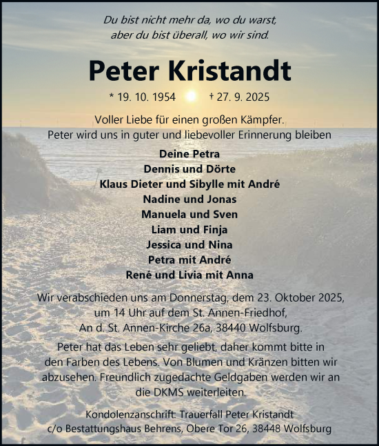 Traueranzeige von Peter Kristandt von Braunschweiger Zeitung, Wolfsburger Nachrichten