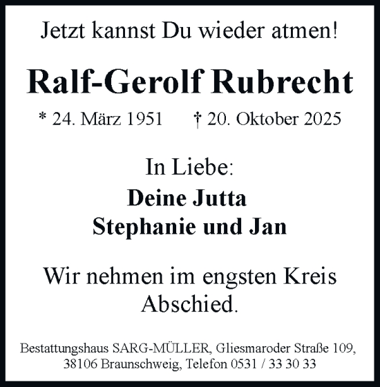 Traueranzeige von Ralf-Gerolf Rubrecht von Braunschweiger Zeitung