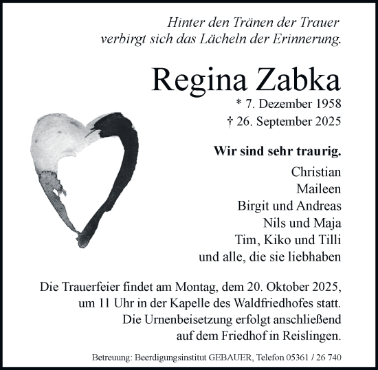 Traueranzeige von Regina Zabka von Braunschweiger Zeitung, Wolfsburger Nachrichten