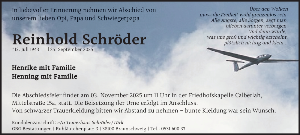  Traueranzeige für Reinhold Schröder vom 25.10.2025 aus Braunschweiger Zeitung, Wolfsburger Nachrichten
