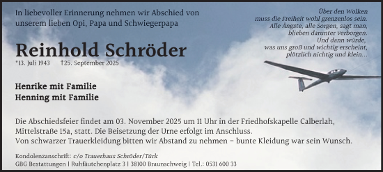 Traueranzeige von Reinhold Schröder von Braunschweiger Zeitung, Wolfsburger Nachrichten