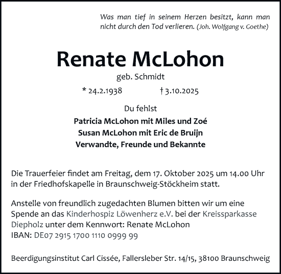 Traueranzeige von Renate McLohon von Braunschweiger Zeitung