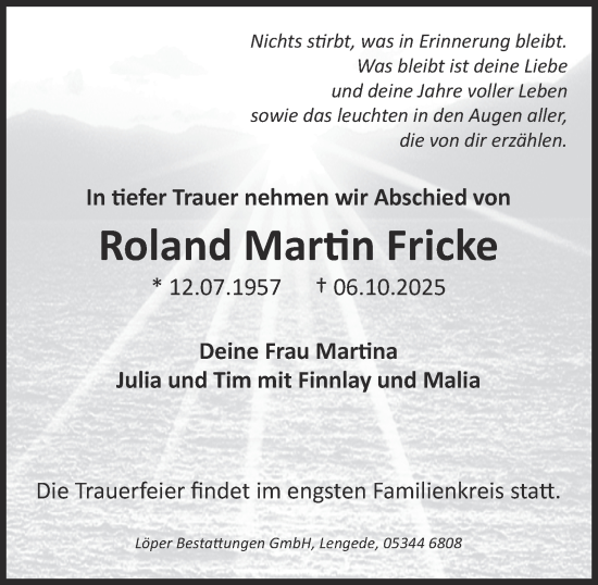 Traueranzeige von Roland Martin Fricke von Peiner Nachrichten
