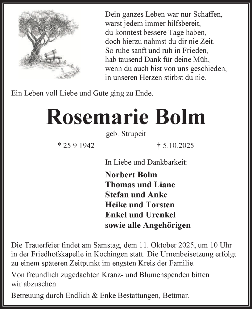  Traueranzeige für Rosemarie Bolm vom 08.10.2025 aus Braunschweiger Zeitung