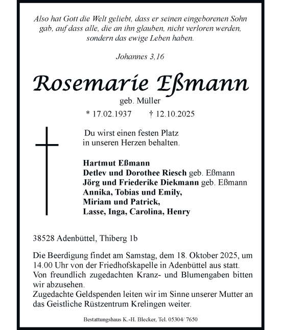 Traueranzeige von Rosemarie Eßmann von Braunschweiger Zeitung, Wolfsburger Nachrichten
