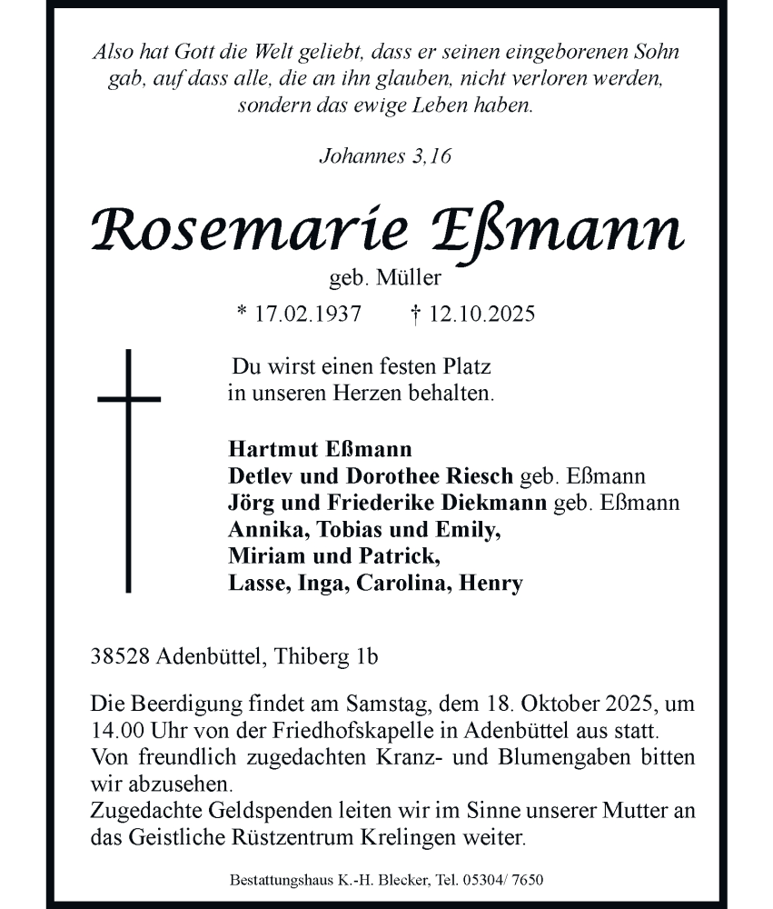  Traueranzeige für Rosemarie Eßmann vom 15.10.2025 aus Braunschweiger Zeitung, Wolfsburger Nachrichten