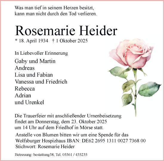 Traueranzeige von Rosemarie Heider von Braunschweiger Zeitung, Wolfsburger Nachrichten