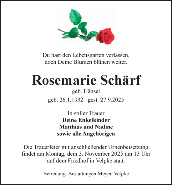 Traueranzeige von Rosemarie Schärf von Braunschweiger Zeitung, Wolfsburger Nachrichten
