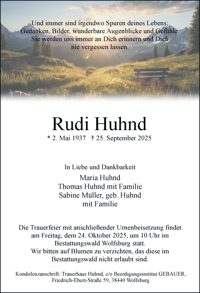  Traueranzeige für Rudi Huhnd vom 11.10.2025 aus Braunschweiger Zeitung, Wolfsburger Nachrichten